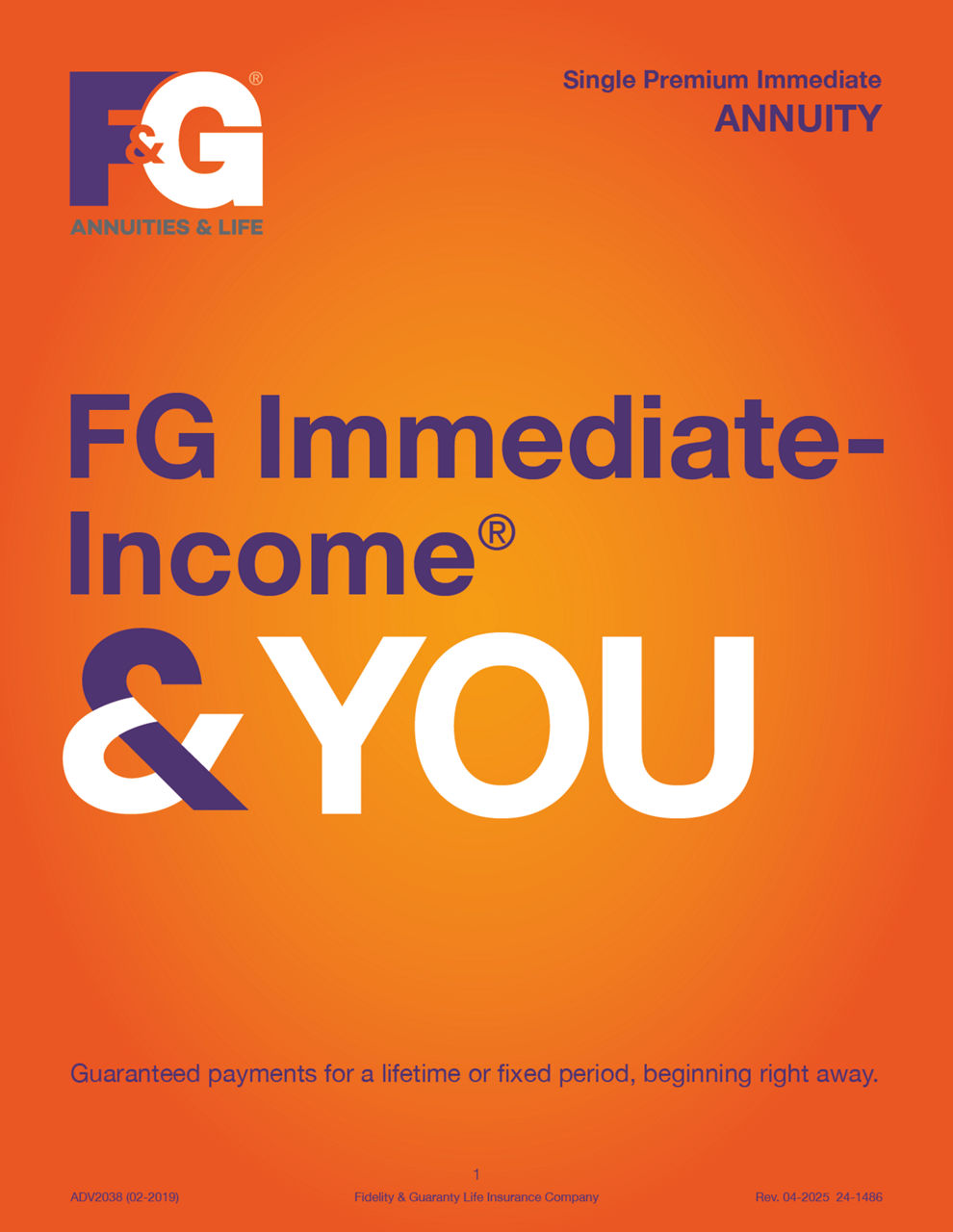 Brochure featuring an orange-gradient background and purple text