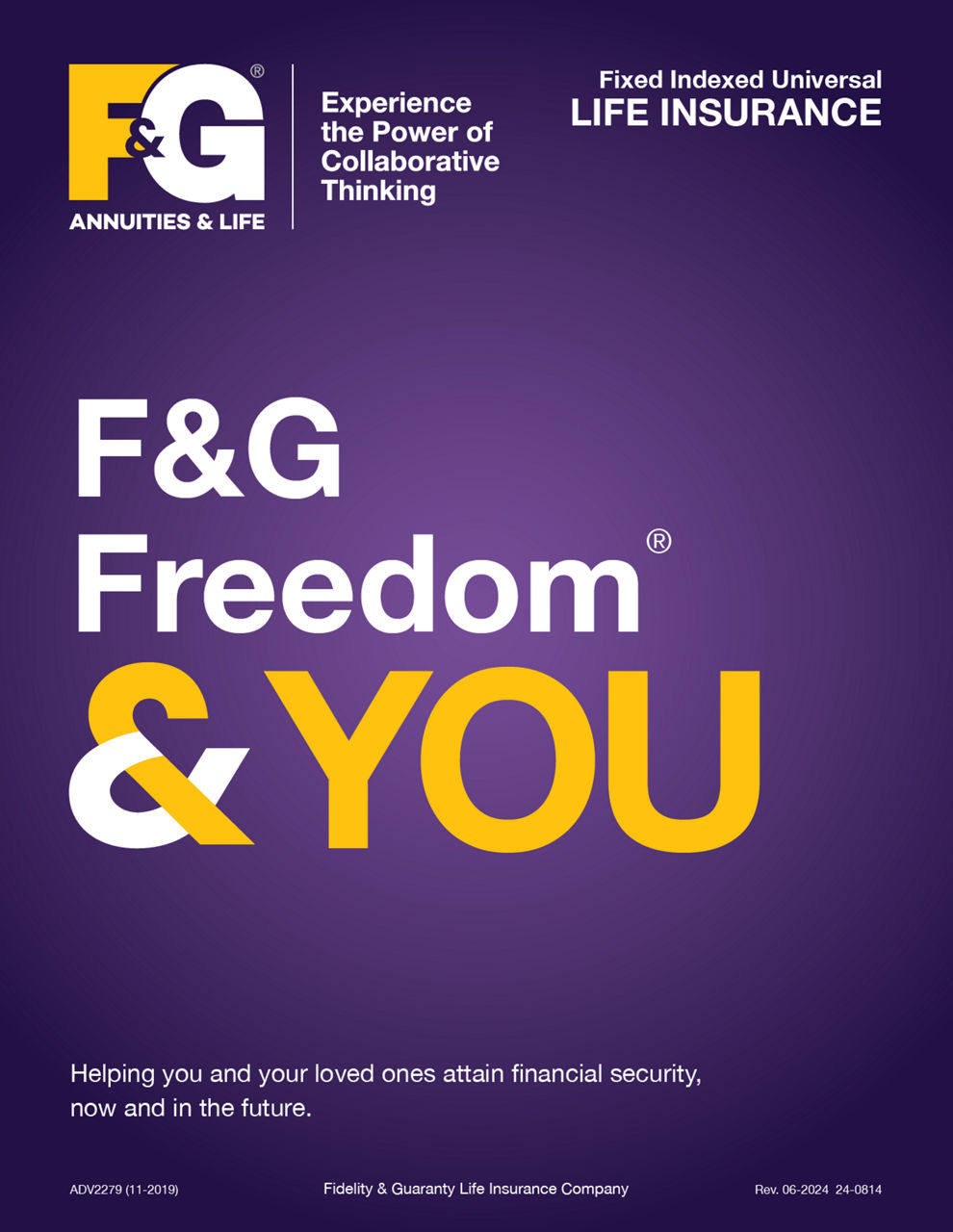 Brochure featuring purple-gradient background and white and yellow text