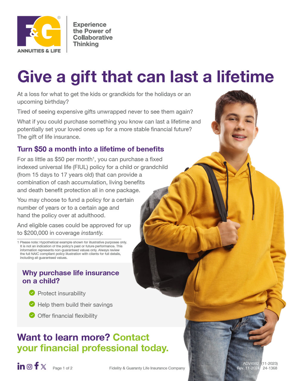 flyer for gift of life insurance: a young boy wearing a backpack next to life insurance information